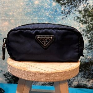 Prada Dark Blue Nylon Cosmetics Toiletry Pouch with Logo Plaque